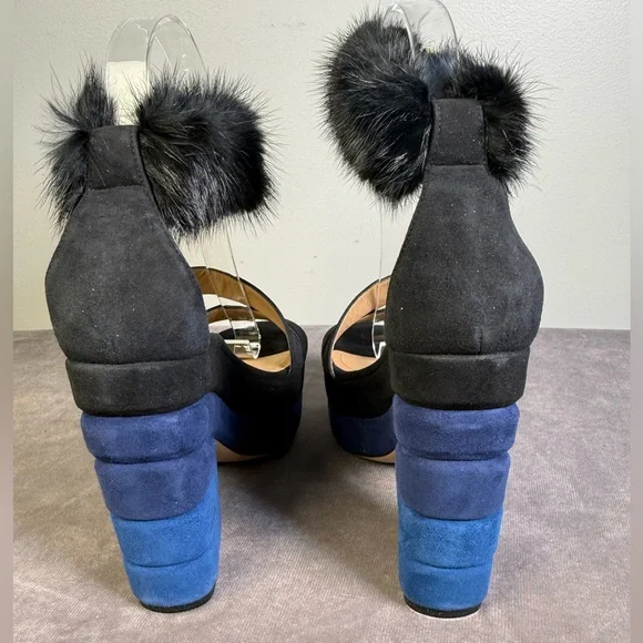 Salvatore Ferragamo suede mink platform sandals color-blocked blue black SIZE 5 - Picture 7 of 14